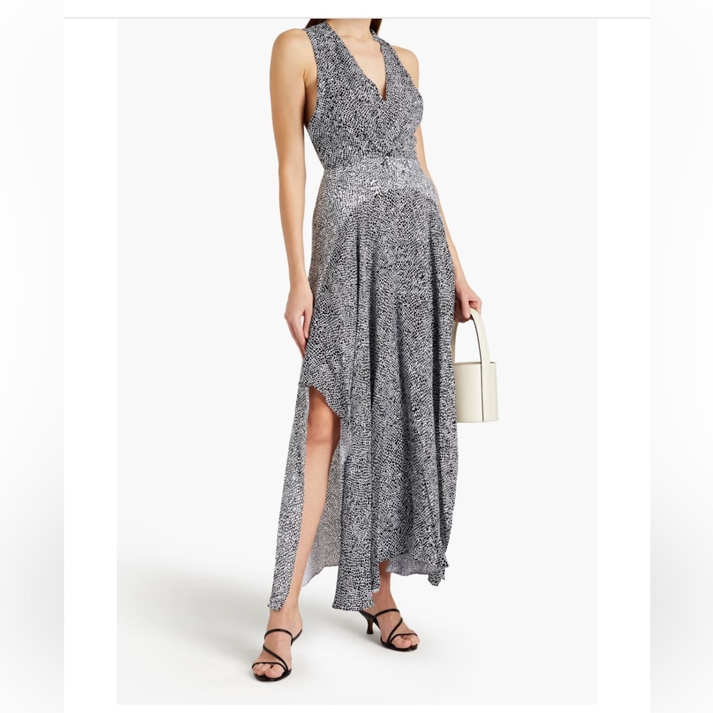 MAJE | Cutout ruched cupro-twill maxi dress in patterned black and white